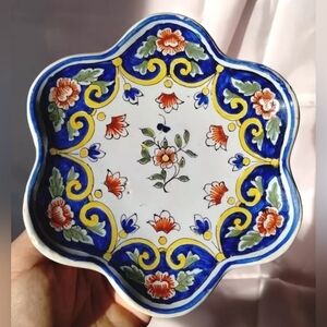 Vtg France Faience Trinket Dish Pottery Ceramic Blue Yellow Floral Hand Painted